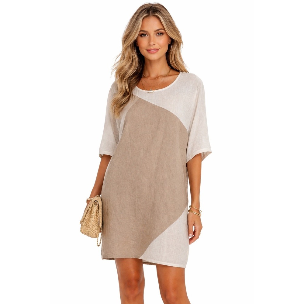 NWT For Cynthia Linen Blend Colorblock Lagenlook Tunic Dress Beige White S New